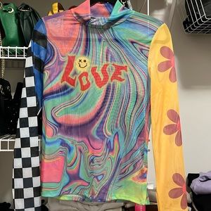 Mock Neck Letter & Cartoon & Striped Pattern Colorblock Top